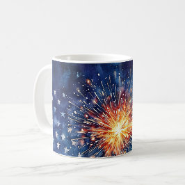 Amerikansk firande. Stjärnor och fyrverkerier. Kaffemugg