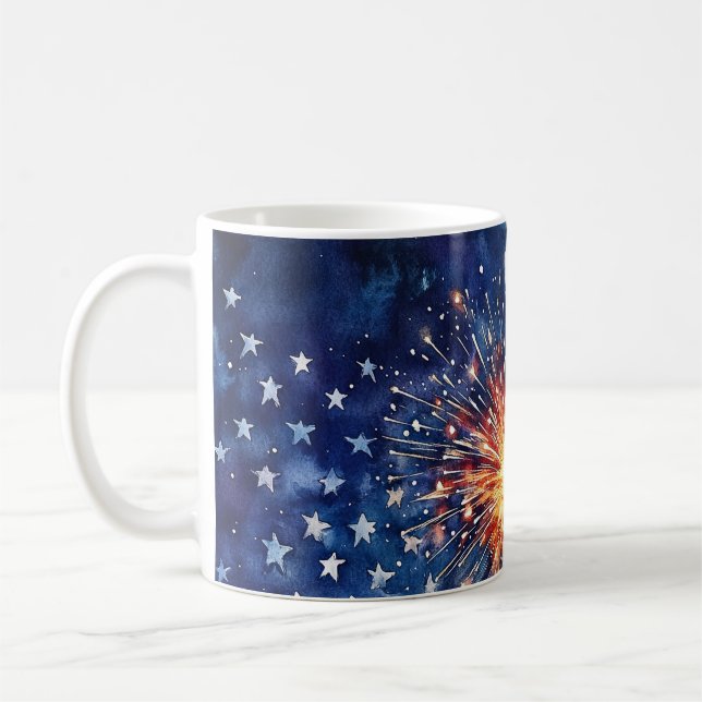 Amerikansk firande. Stjärnor och fyrverkerier. Kaffemugg (Vänster)