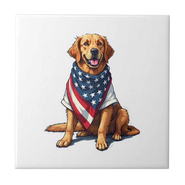 Amerikansk flagg Golden Retriever Graverad hundäls Kakelplatta (Framsidan)