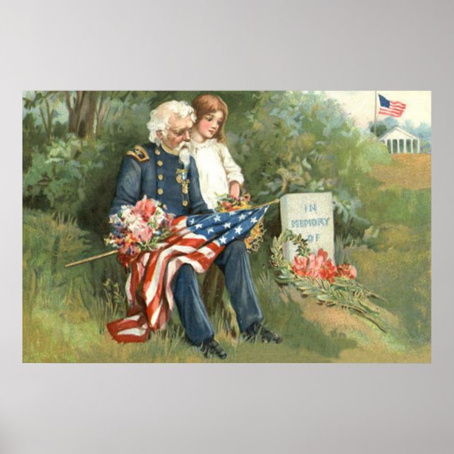 Amerikansk flagg Gravstenskrans Blommor Begravning Poster (Framsidan)
