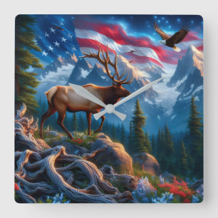Amerikansk flagg och älg väggklocka