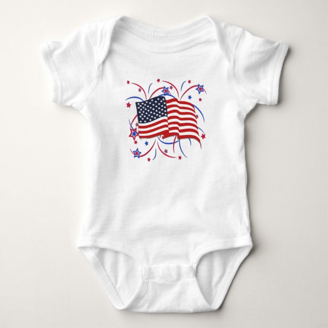 Amerikansk flagg- och fyrverkeribabydräkt t shirt (Framsida)