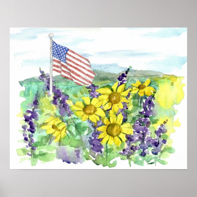 Amerikansk flagg ökenvildblommor akvarell himmel poster (Framsidan)