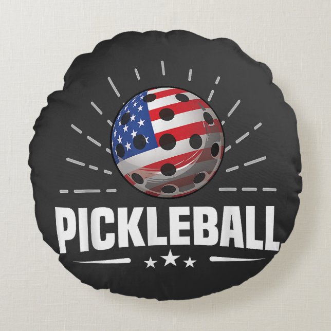 Amerikansk flagg pickleball-spelare rund kudde (Framsidan)