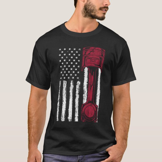 Amerikansk flagg piston muskelbil t shirt (Framsida)
