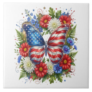 Amerikansk flagg röd vit blå fjäril blomster kakelplatta