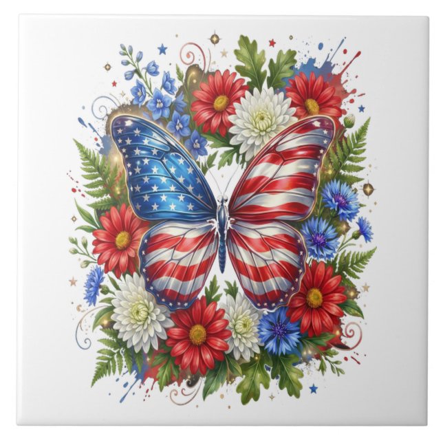 Amerikansk flagg röd vit blå fjäril blomster kakelplatta (Framsidan)