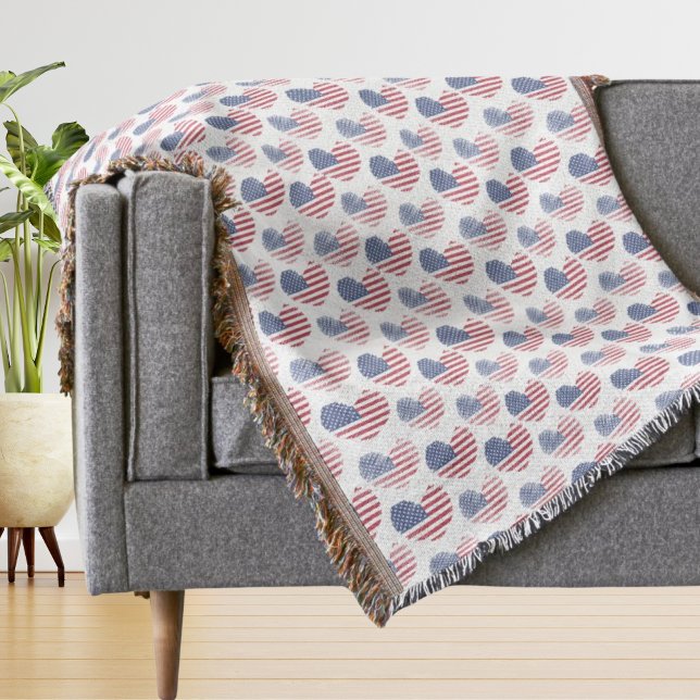 Amerikansk flagg röd vit blå patriotisk filt (Cute Patriotic American Flag Rustic Heart Pattern Throw Blanket)