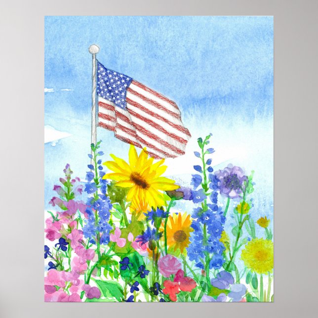 Amerikansk flagg trädgård blommor akvarell himmel poster (Framsidan)