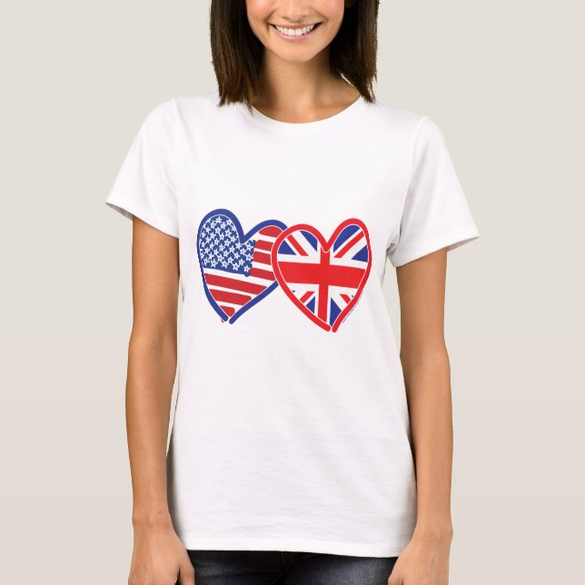 Amerikansk flagg/Union Jack-flagg hjärtan Tee Shirt (Framsida)