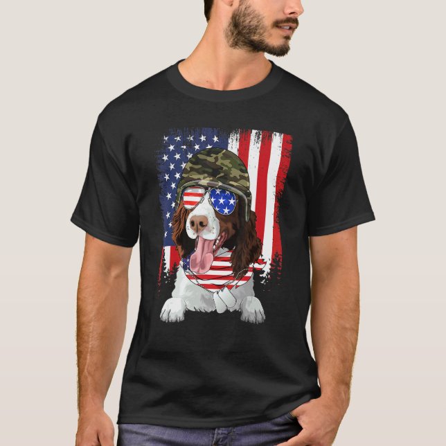 Amerikansk flagga 4 juli engelsk springerspaniel t shirt (Framsida)