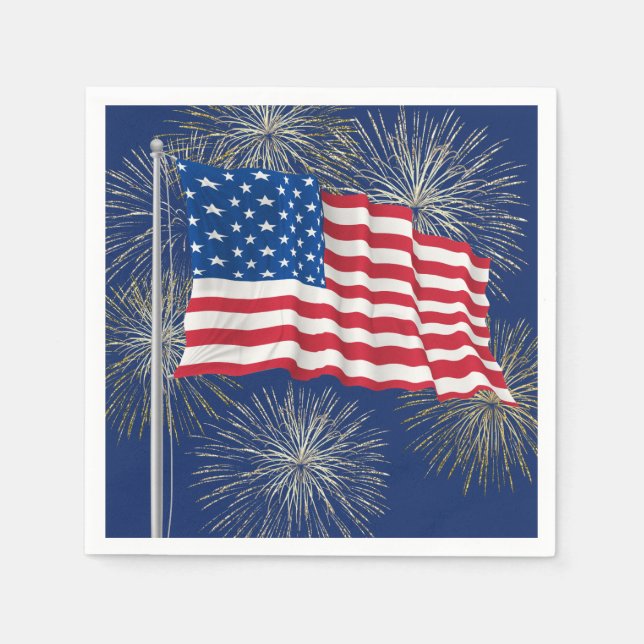 Amerikansk flagga 4 juli fyrverkerier pappersservett (Framsidan)