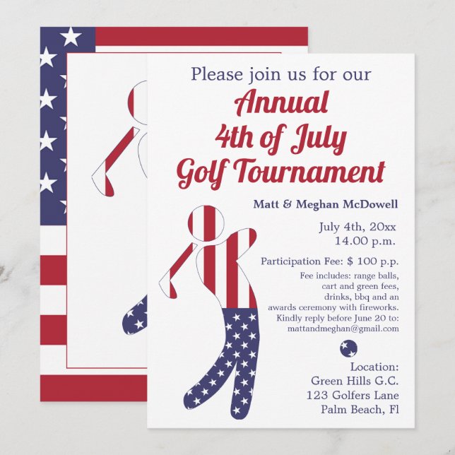 Amerikansk Flagga | 4 juli Golf Tournament Inbjuda Inbjudningar (Fram/baksida)