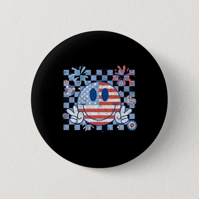 Amerikansk Flagga 4 juli Groovy Smiling Ansikte Ch Knapp (Framsida)