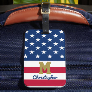 Amerikansk Flagga 4 juli Namn och Monogram Bagagebricka