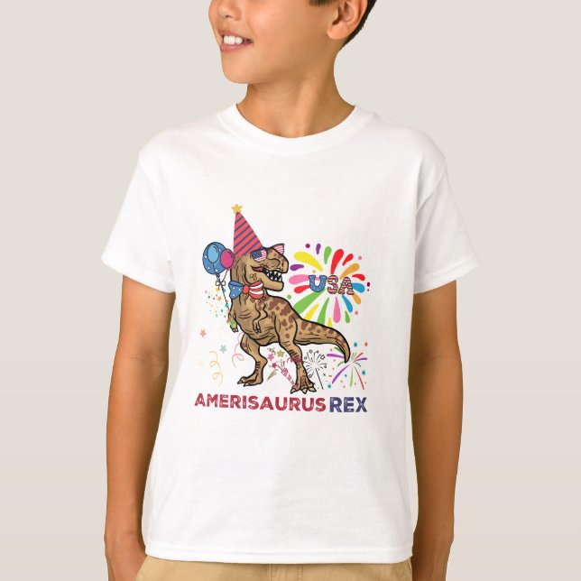 Amerikansk Flagga 4 juli T Rex Dinosaur Amerisaur T Shirt (Framsida)