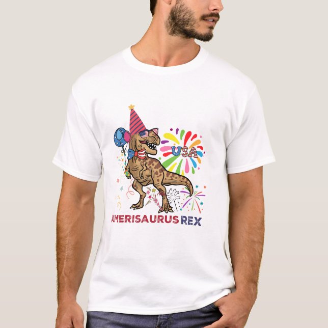 Amerikansk Flagga 4 juli T Rex Dinosaur Amerisaur T Shirt (Framsida)