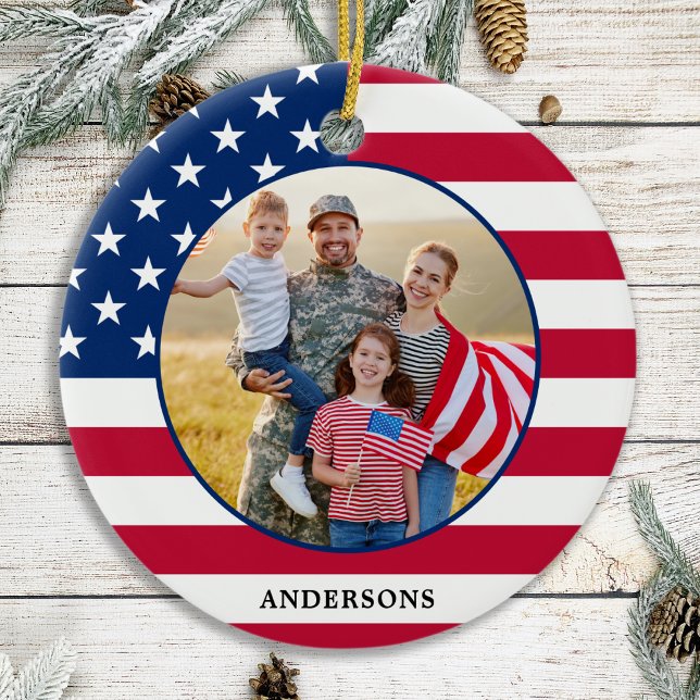 Amerikansk Flagga Anpassningsbar Photo Patriotic j Julgransprydnad Keramik (Skapare uppladdad)