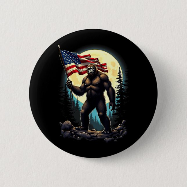 Amerikansk flagga Bigfoot Sasquatch Camping Vandri Knapp (Framsida)