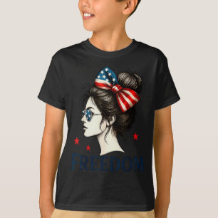 Amerikansk Flagga Bow Oordentlig Bun Tjejer Dom Am T Shirt