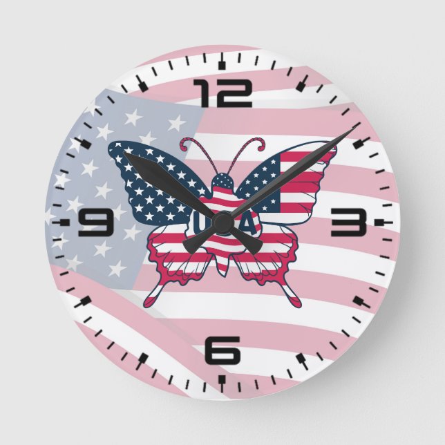 Amerikansk Flagga Butterfly Design-62616-klocka Rund Klocka (Framsida)