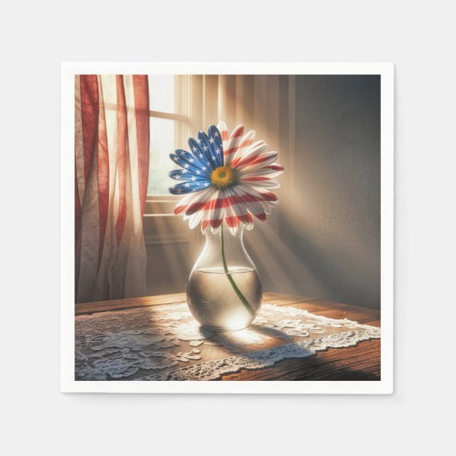 Amerikansk Flagga Daisy i Glass Vas Pappersservett (Framsidan)