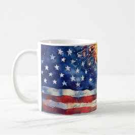 Amerikansk flagga. Fyrverkerier. Kaffemugg
