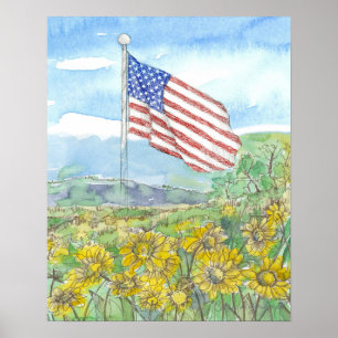 Amerikansk flagga Gul vildblomma Landskap Poster