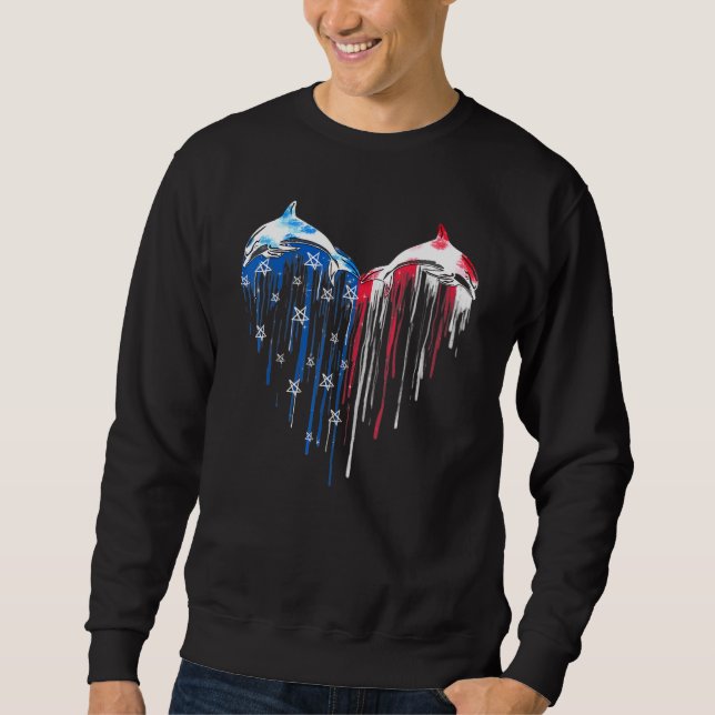Amerikansk Flagga Heart Dolphin 4:e juli Dolphin Lång Ärmad Tröja (Framsida)