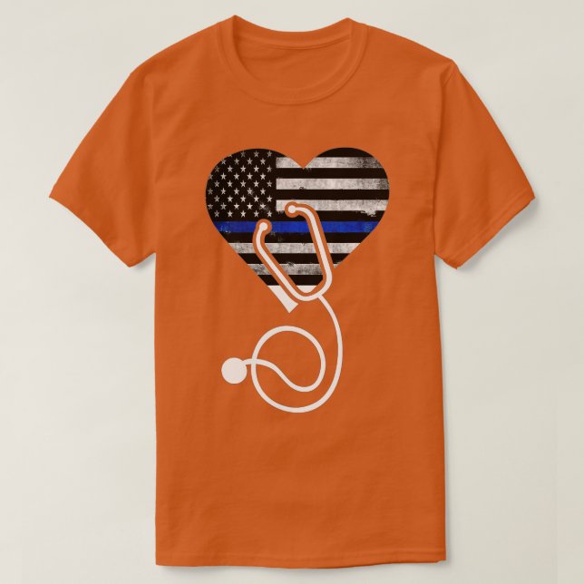 Amerikansk Flagga Heart med polishingan Blue Line  T Shirt (Design framsida)