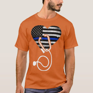 Amerikansk Flagga Heart med polishingan Blue Line  T Shirt