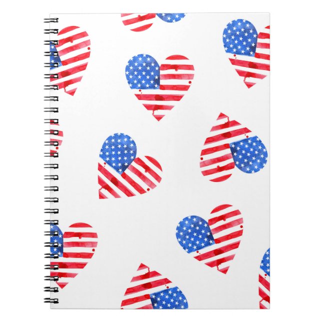 Amerikansk Flagga Hearts Watercolor Seamless. Anteckningsbok (Framsidan)