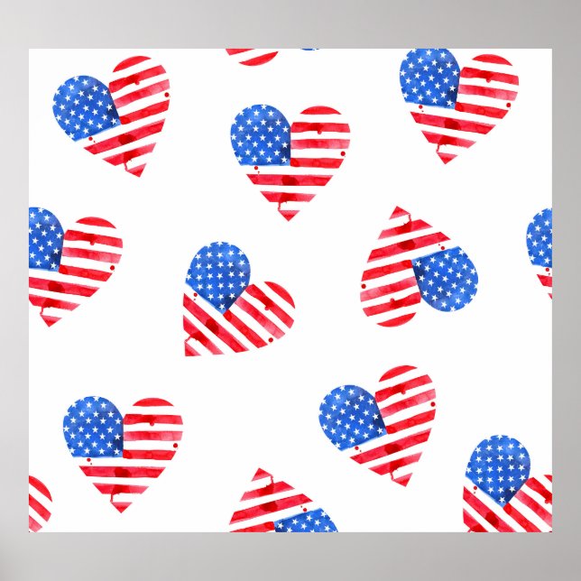 Amerikansk Flagga Hearts Watercolor Seamless. Poster (Framsidan)