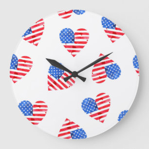 Amerikansk Flagga Hearts Watercolor Seamless. Stor Klocka
