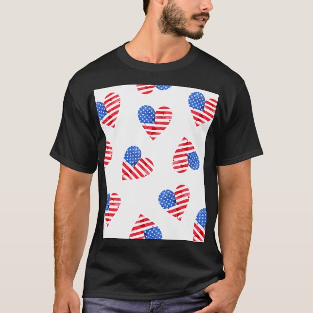 Amerikansk Flagga Hearts Watercolor Seamless. T Shirt (Framsida)