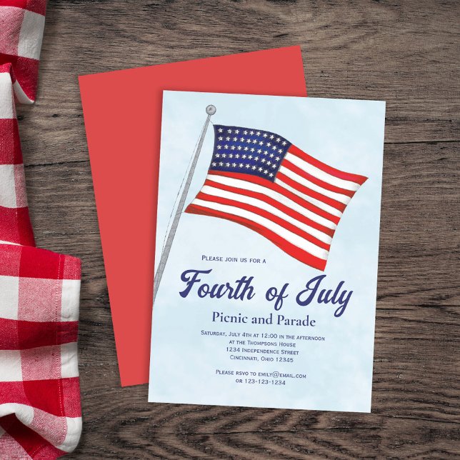 Amerikansk Flagga i vattenfärg Fjärde juli Inbjudningar (Retro Classic Fourth of July Custom Invitations. With watercolor American Flag)