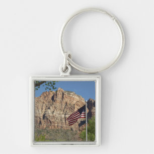 Amerikansk flagga i Zion National Park I Fyrkantig Silverfärgad Nyckelring