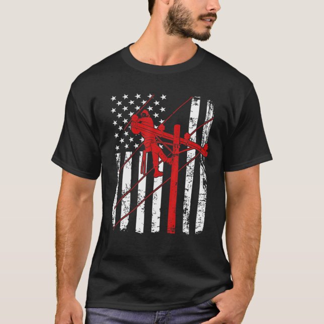 Amerikansk flagga Lineman USA elkabel patriotisk T Shirt (Framsida)
