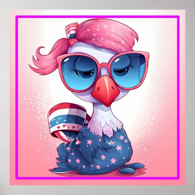 Amerikansk Flagga med Flamingo Tecknad-69679 Poster (Framsidan)