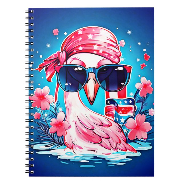 Amerikansk Flagga med Flamingo Tecknad-69681 Anteckningsbok (Framsidan)