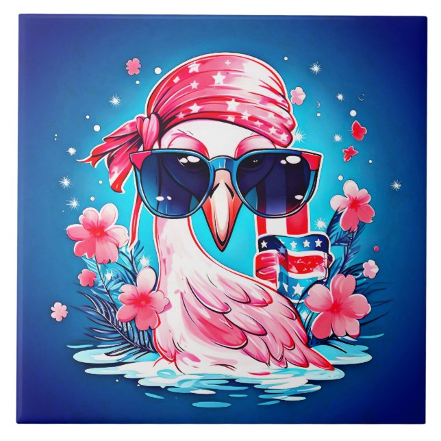 Amerikansk Flagga med Flamingo Tecknad-69681 Kakelplatta (Framsidan)
