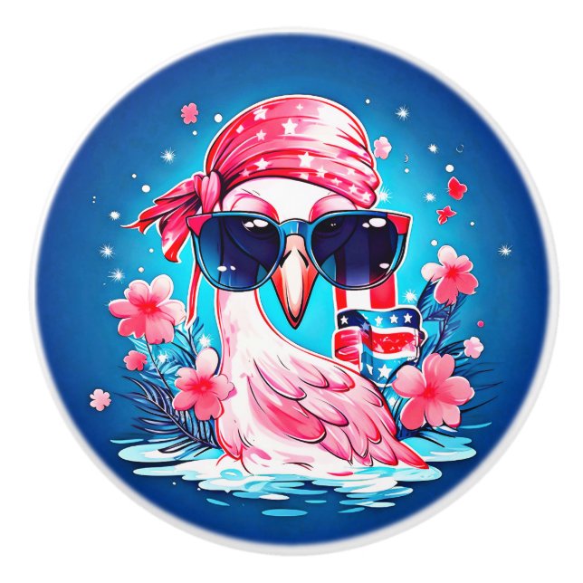 Amerikansk Flagga med Flamingo Tecknad-69681 Knopp (Framsidan)