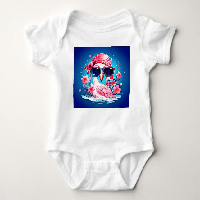 Amerikansk Flagga med Flamingo Tecknad-69681 T Shirt (Framsida)