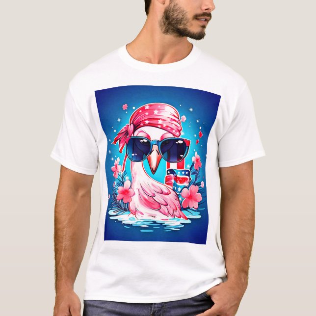 Amerikansk Flagga med Flamingo Tecknad-69681 T Shirt (Framsida)
