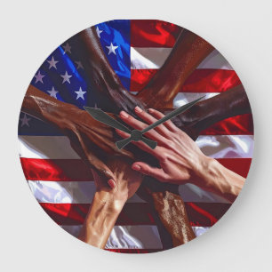 Amerikansk Flagga med händer från olika amerikaner Stor Klocka