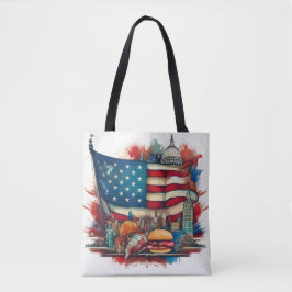 Amerikansk Flagga med Iconic Landmarks Tote Bag Tygkasse