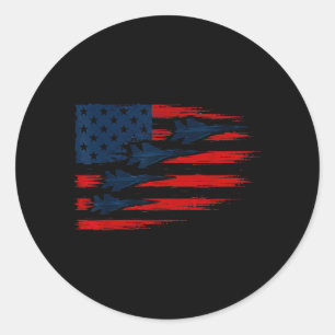 Amerikansk flagga med jaktplan Patriotisk flyguppv Runt Klistermärke