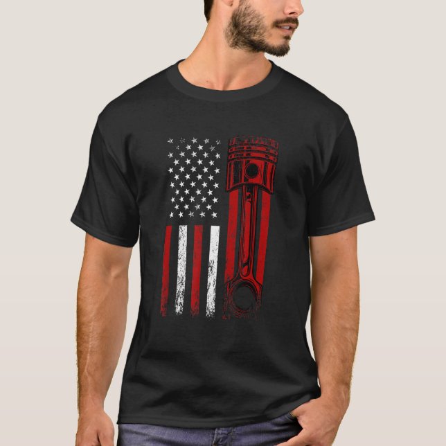 Amerikansk Flagga med kolvmotorns kolvbilsmodell T Shirt (Framsida)