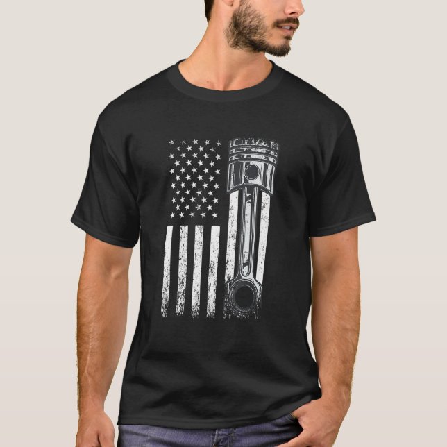 Amerikansk Flagga med kolvmotorns kolvbilsmodell T Shirt (Framsida)
