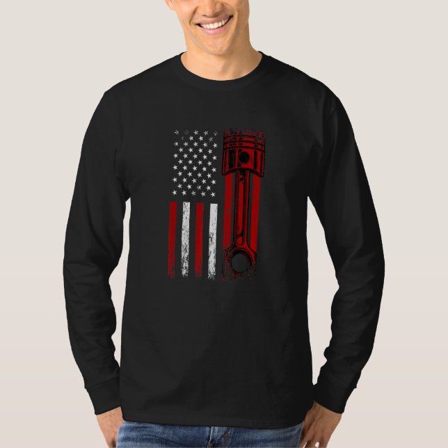 Amerikansk Flagga med Novelty av kolvmotor T Shirt (Framsida)